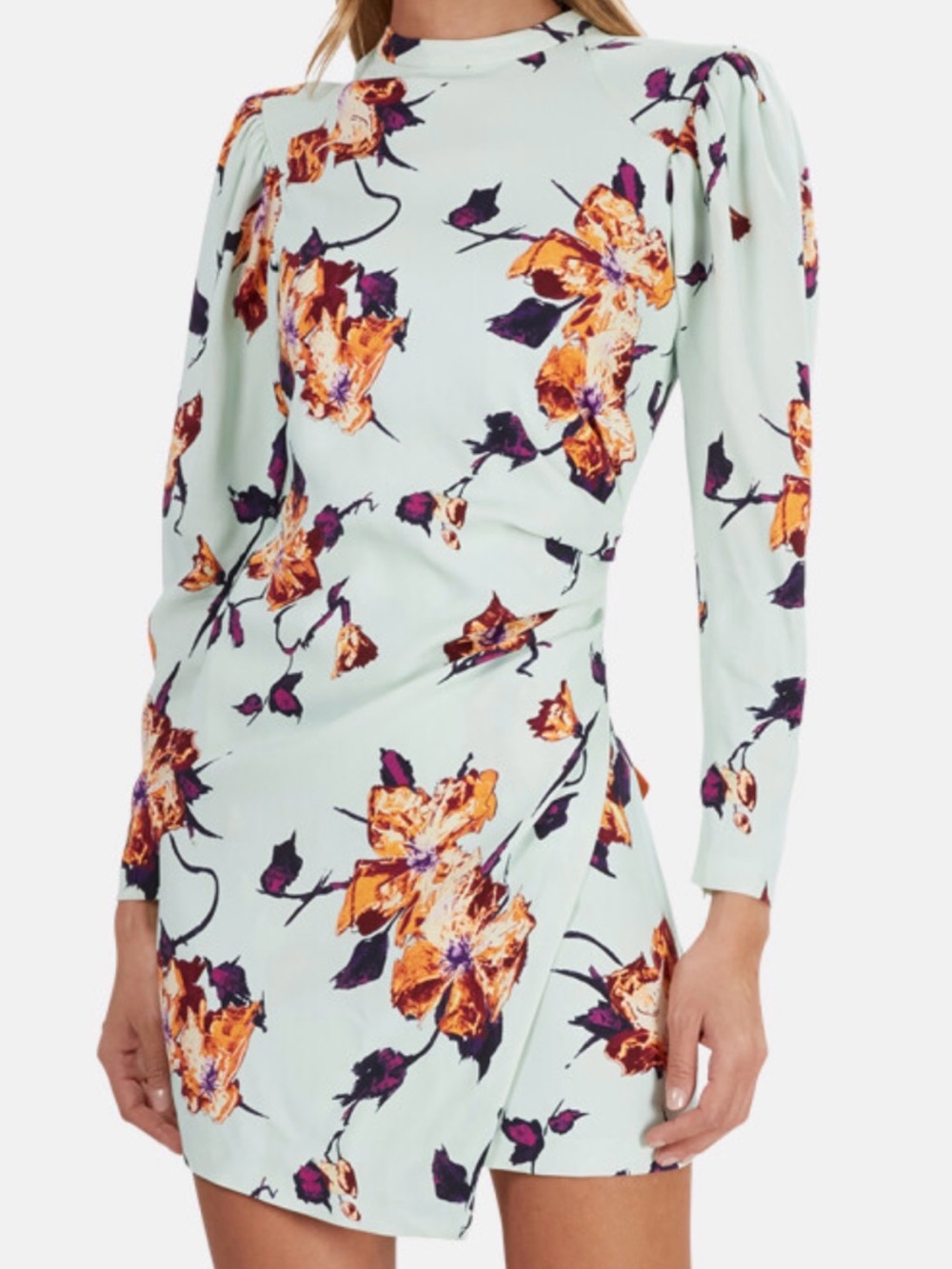 A.L.C. Mint Floral Long-Sleeve Mini Dress with Orange Blooms